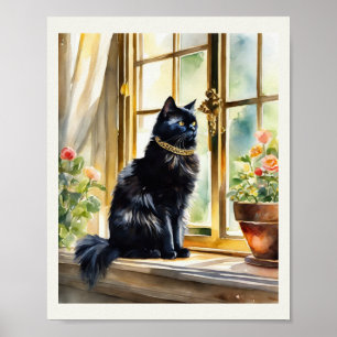 Poster Cat perse noir aquarelle couleur or col