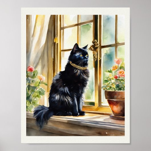 Poster Cat perse noir aquarelle couleur or col (Devant)