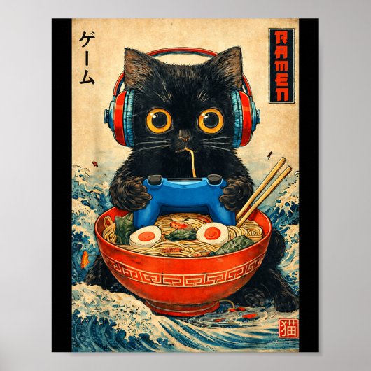 Poster Cat Ramen Japanese Funny Graphic Tees Kawaii Cat A (Devant)