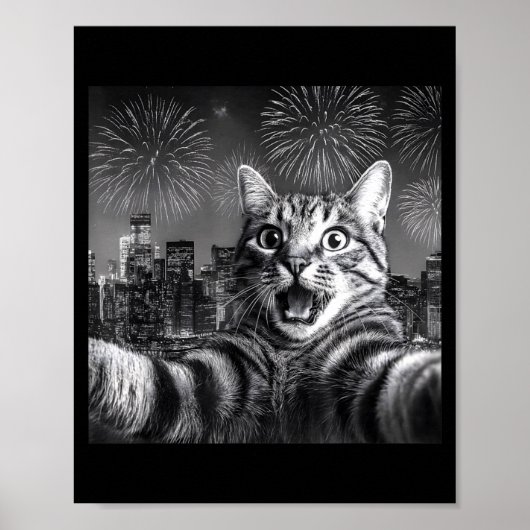 Poster Cat Selfie With Firework In The City Funny Happy N (Devant)