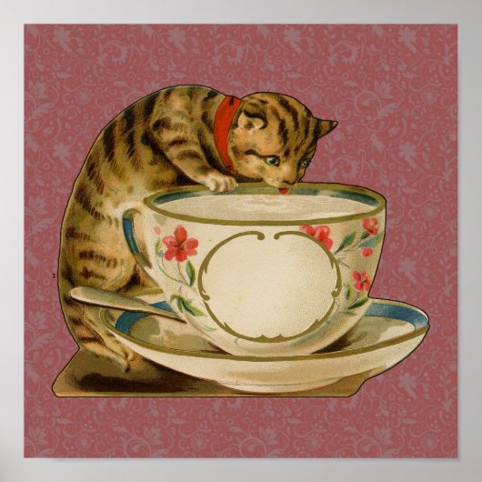 Poster Cat Teacup Cute Vintage Victorien (Devant)