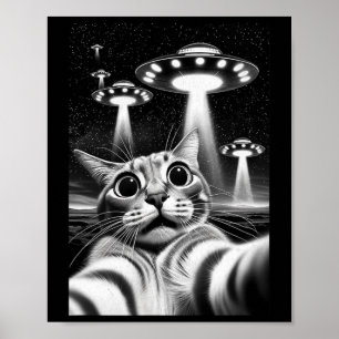 Poster Cat Ufo Funny Invasion Mème Retro Alien Cat Ufo Se