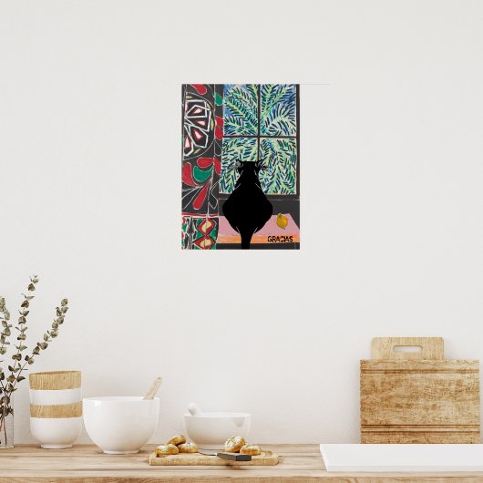 Poster Cat Under Window, Gracias, modifier le texte (Cuisine)