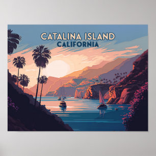 Poster Catalina Island California Boats Sunset Retro