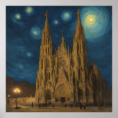 Poster Cathédrale de Barcelone à Night van Gogh Style (Devant)
