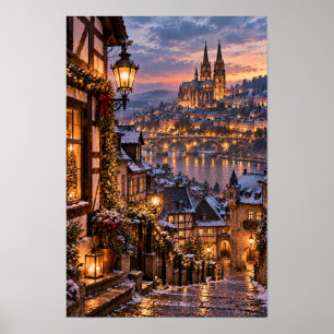 Poster Cathédrale de la vieille ville européenne enneigée