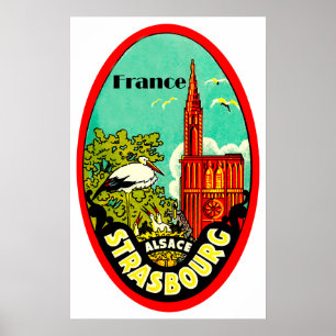 Poster Cathédrale de Strasbourg, cigognes, France, vintag