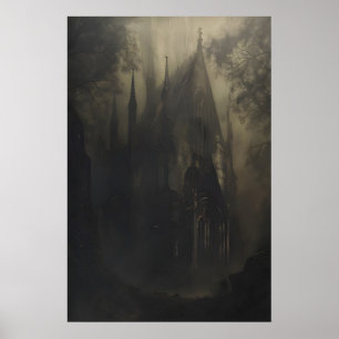 Poster Cathédrale gothique hantée dans une forêt sombre S