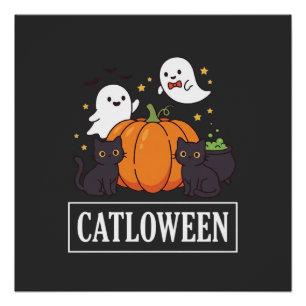 Poster Catloween Drôle Chat Fantôme Halloween Citrouille