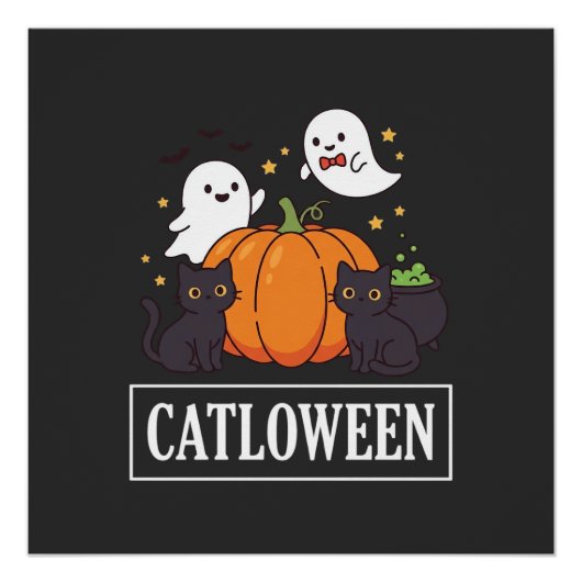 Poster Catloween Drôle Chat Fantôme Halloween Citrouille (Devant)