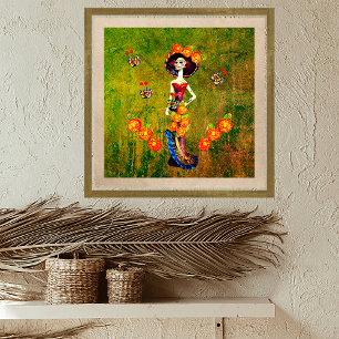 Poster Catrina W/Casquette, Fleurs orange et Rouffes d'or