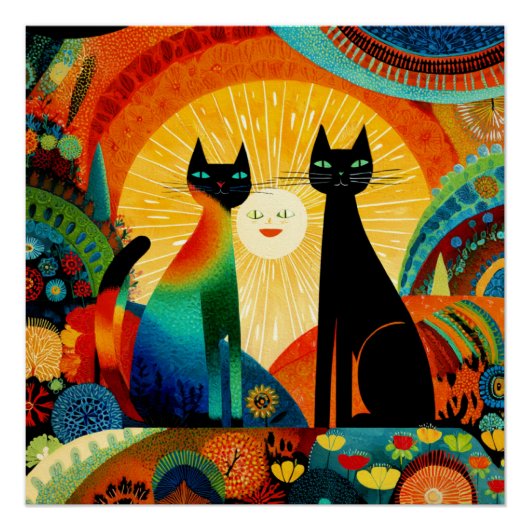 Poster Cats on Bright and Colorful Background, (Devant)