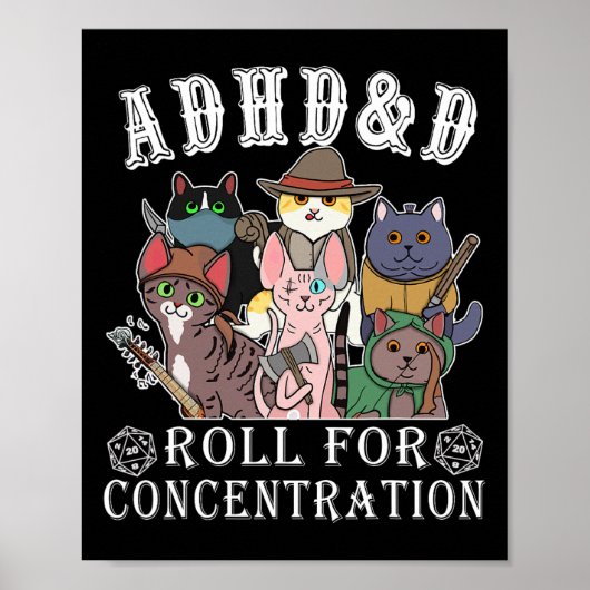 Poster Cats Rpg Gamer Roll For Concentration D20 Dice Ner (Devant)