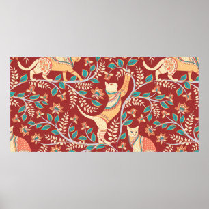 Poster Cats with ornaments,branches with flowers and leav