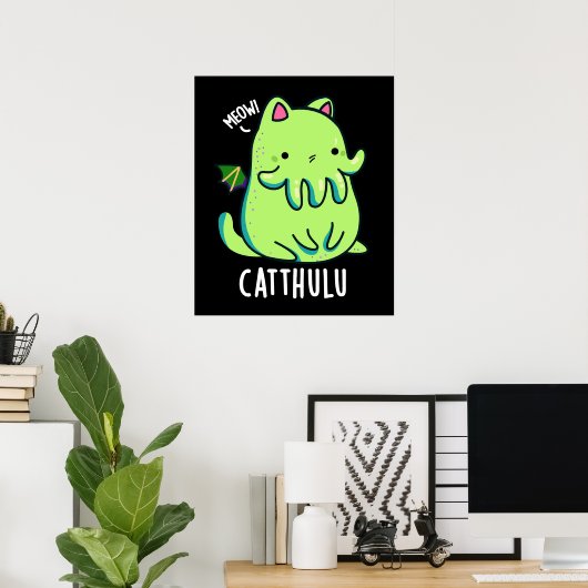 Poster Catthulu Funny Cthulhu Cat Pun Dark BG (Bureau à domicile)