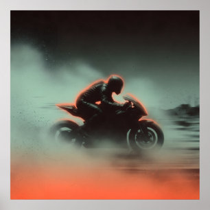 Poster Cavalier de moto néon sous la pluie et la brume