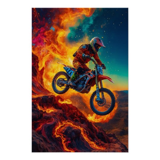 Poster Cavalier de motocross échappant aux flammes (Devant)