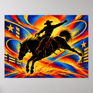 Poster Cavalier de rodéo sur un cheval en silhouette