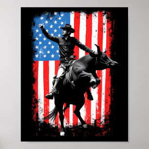 Poster Cavalier de Rodéo Taureau Patriote Cowboy Américai