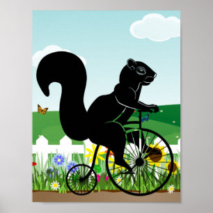 Poster Cavalier d'écureuil sur le vieux vélo