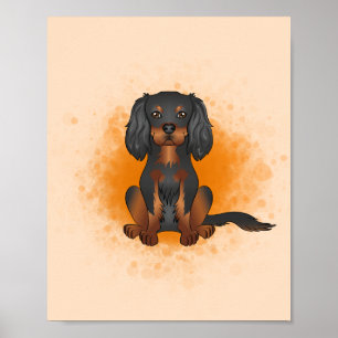 Poster Cavalier King Charles noir et feu sur fond orange