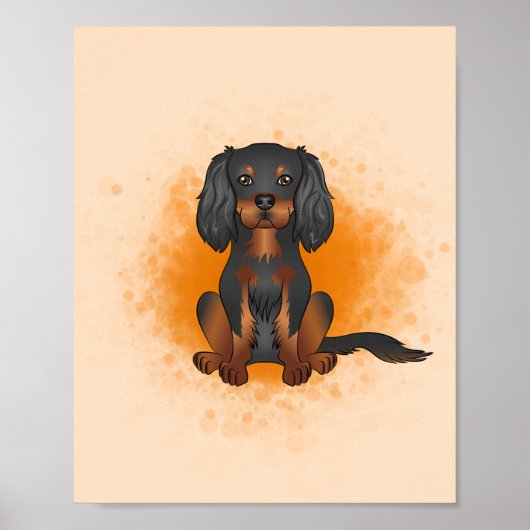 Poster Cavalier King Charles noir et feu sur fond orange (Devant)