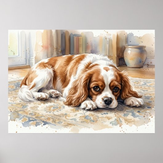 Poster Cavalier King Charles Spaniel Couché Aquarelle (Devant)