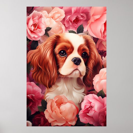 Poster Cavalier King Charles Spaniel en Rose (Devant)