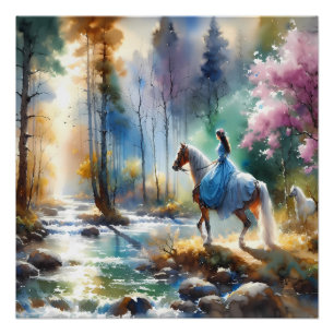 Poster Cavalière de rivière à l'aquarelle Forêt Lumière