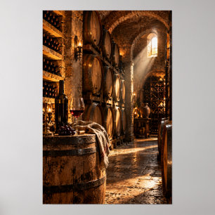 Poster Cave à vin rustique avec fûts de chêne – Vin vinta