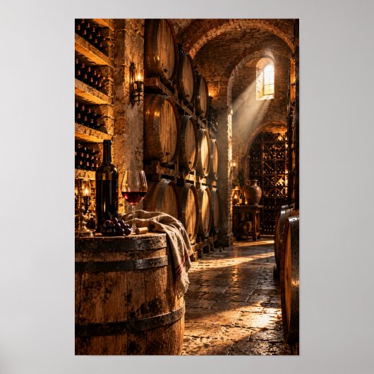 Poster Cave à vin rustique avec fûts de chêne – Vin vinta (Devant)