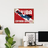 Poster Cayman Islands Plongeur - Blue Retro (Bureau à domicile)