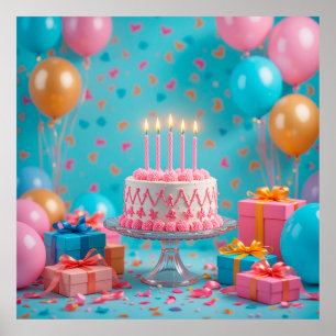 Poster Célébration d'anniversaire avec gâteau illuminé de