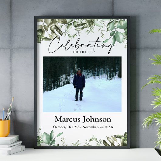 Poster Célébration de la vie 16x20 feuilles verts funérai