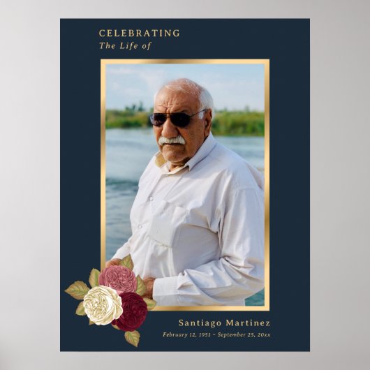 Poster Célébration de la vie en or bleu Panneau funéraire (Devant)