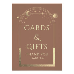 Poster Céleste Mocha Gold Sun Moon Stars Cartes et cadeau