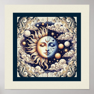 Poster Céleste Vintage Demi Soleil & Lune Bleu Jaune