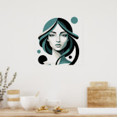 Poster Celestial Flow: Minimalist Teal Portrait (Cuisine)