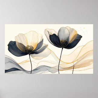 Poster Celestial Indigo & Gold Bloom: Modern Minimalist F