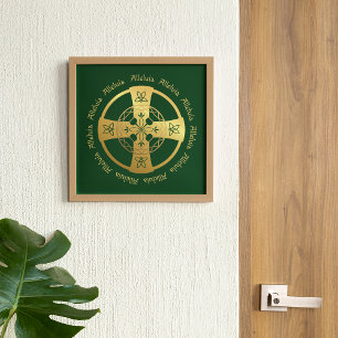 Poster Celtic Cross Alleluia Gold on Green Print