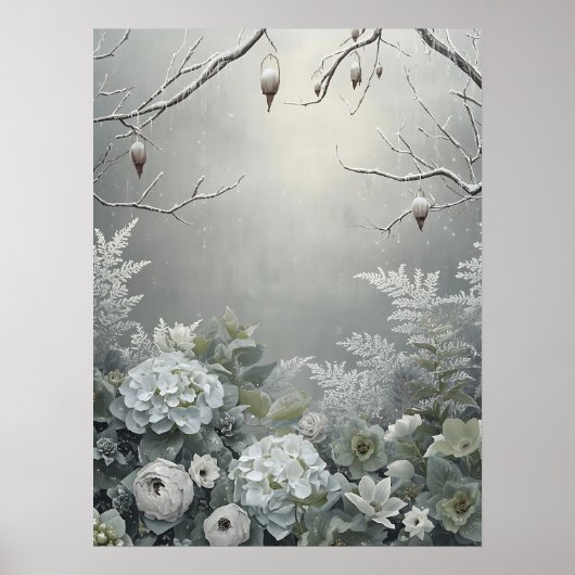 Poster Centre de table en fleurs d'hydrangea blanc hivern (Devant)