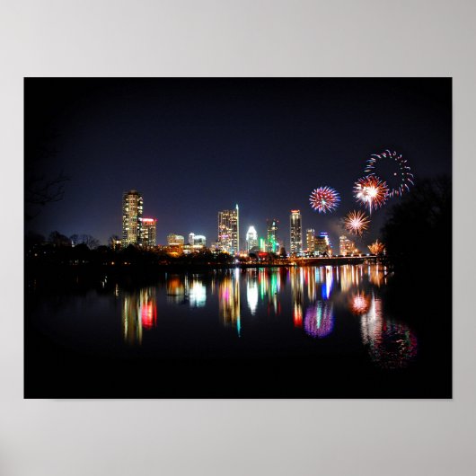 Poster Centre-ville d'Austin Texas Night Skyline Firework (Devant)