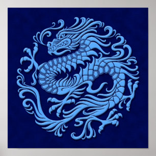 Poster Cercle chinois bleu traditionnel de dragon