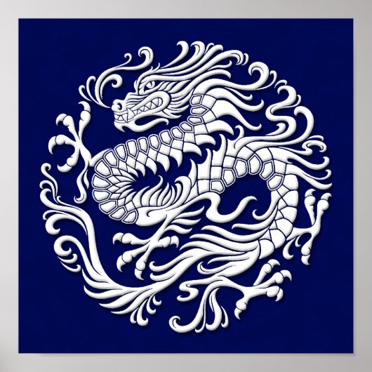 Poster Cercle de dragon chinois traditionnel blanc et ble (Devant)