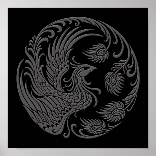 Poster Cercle Phoenix gris traditionnel sur noir (Devant)