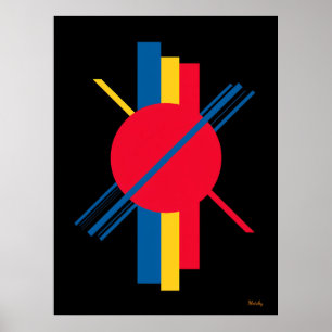 Poster Cercle rouge avec Bars Bauhaus Bleu et Jaune