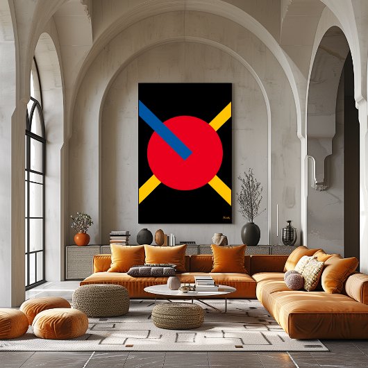 Poster Cercle rouge avec Bars Bauhaus Bleu et Jaune