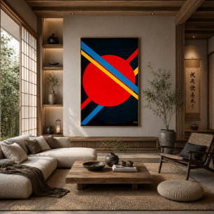 Poster Cercle rouge avec diagonales bleues et jaunes Bauh