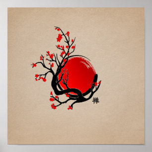 Poster Cercle Zen Enso, Soleil et Rouge Sakura Blossom