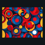 Poster Cercles géométriques d'art pop rétro<br><div class="desc">Soyez audacieux avec ce motif rétro dynamique et énergique. Inspiré par le pop art des années 60 et le design moderne, cette oeuvre présente une explosion ludique de cercles et d'anneaux chevauchants dans une palette classique de rouge, bleu et jaune. C'est un design amusant, accrocheur et gai sans s'excuser, plein...</div>